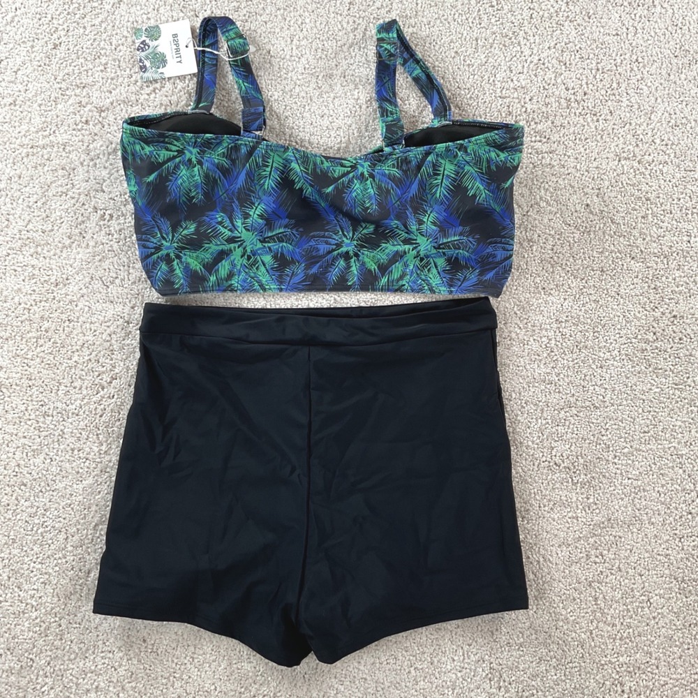 B2PRITY Womens Tropical Print Bikini Set High Waisted Boy Shorts Black LG NWT - Picture 6 of 9